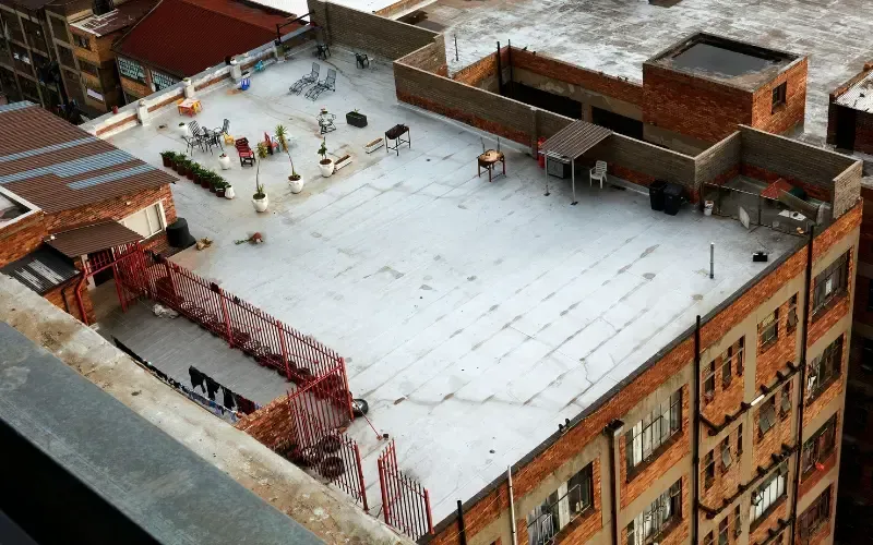 Rooftop patio deck on a multi-story brick building