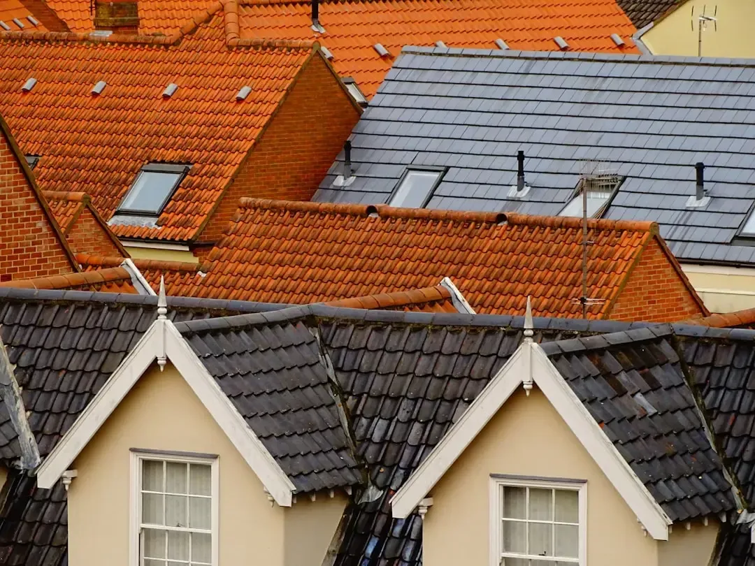 Rooftop view of tiled and slate roofing