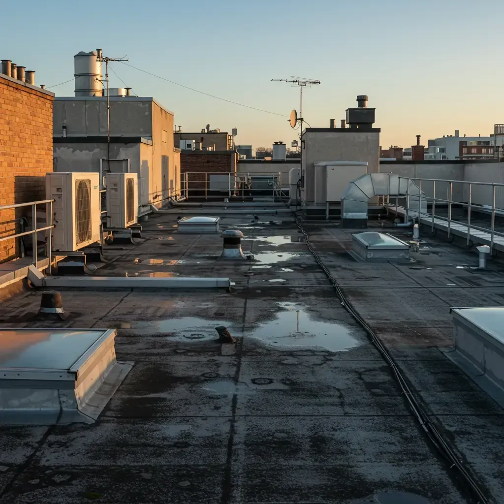 Flat roof showing pooling water from poor drainage — a common flat roof issue.
