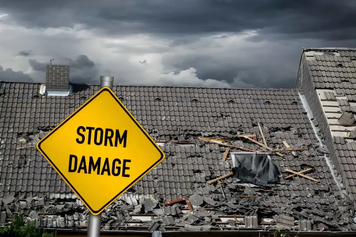 Damaged tile roof under stormy skies with a yellow 'Storm Damage' warning sign in the foreground.