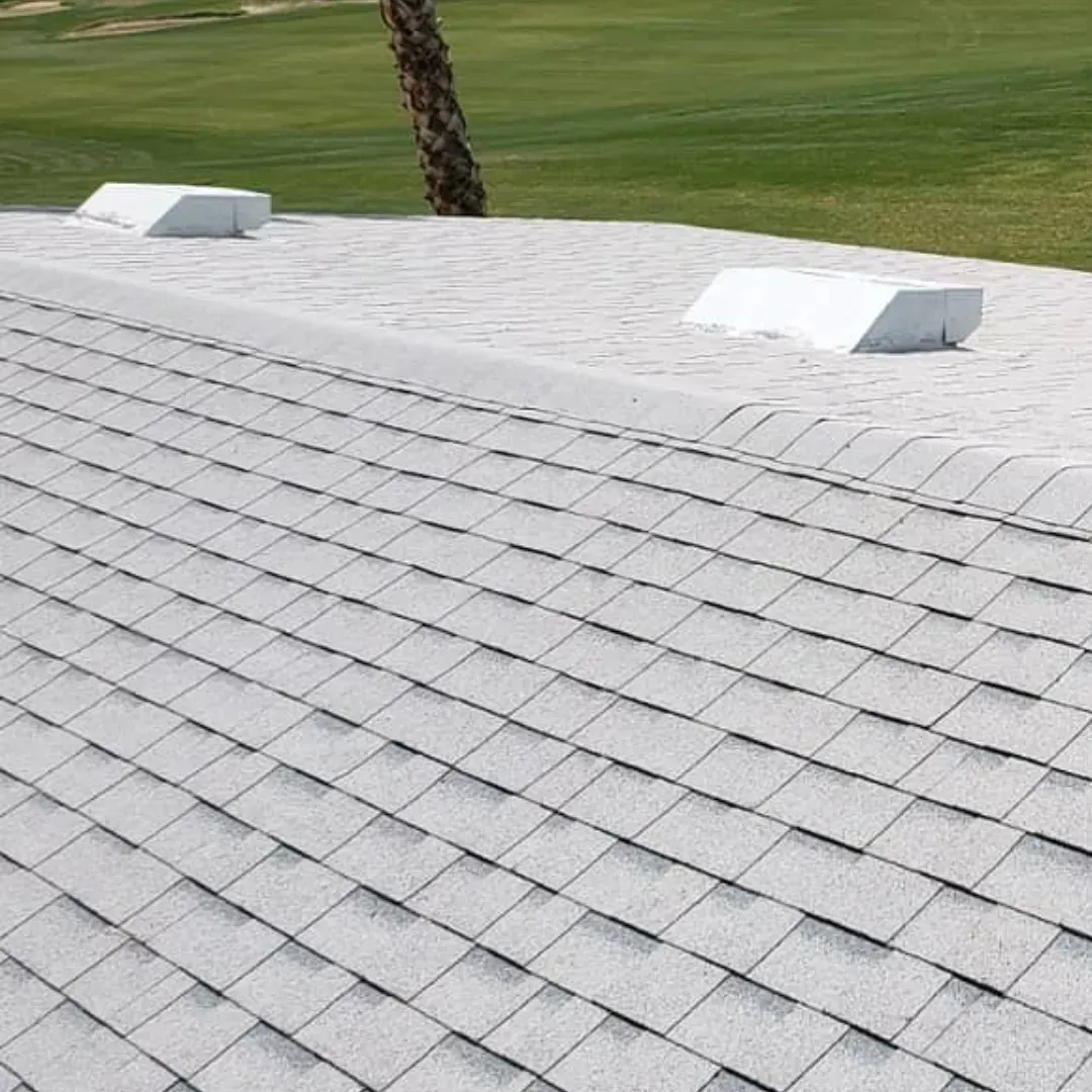 Shingle roof with roof vents overlooking a palm tree and golf course in the desert