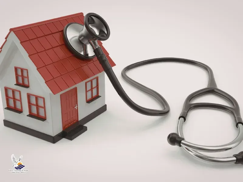 Conceptual image of a house with a stethoscope, representing a roof health inspection.