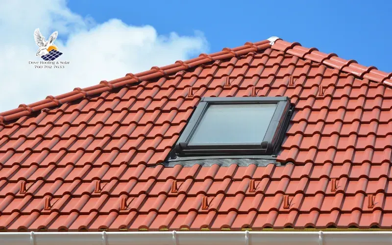 Roof window installed on a red clay tile roof