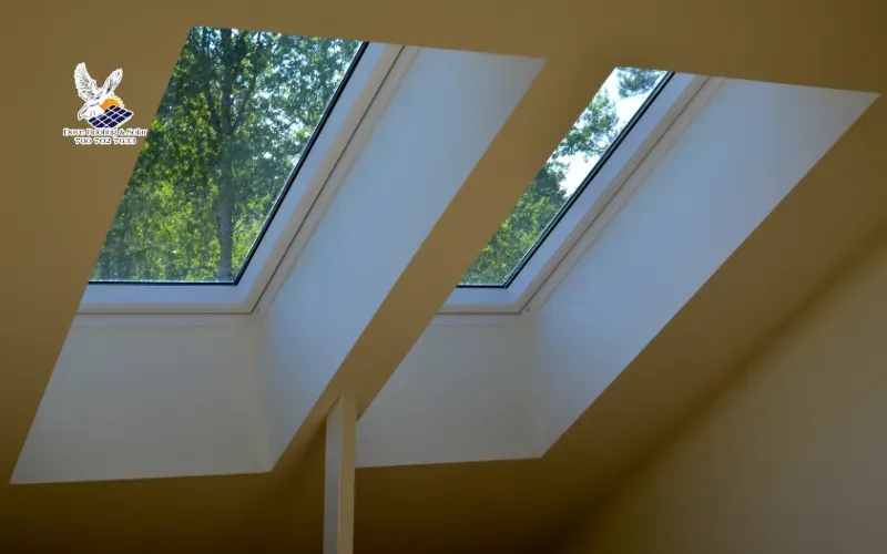 Two skylights installed in a home's vaulted ceiling.