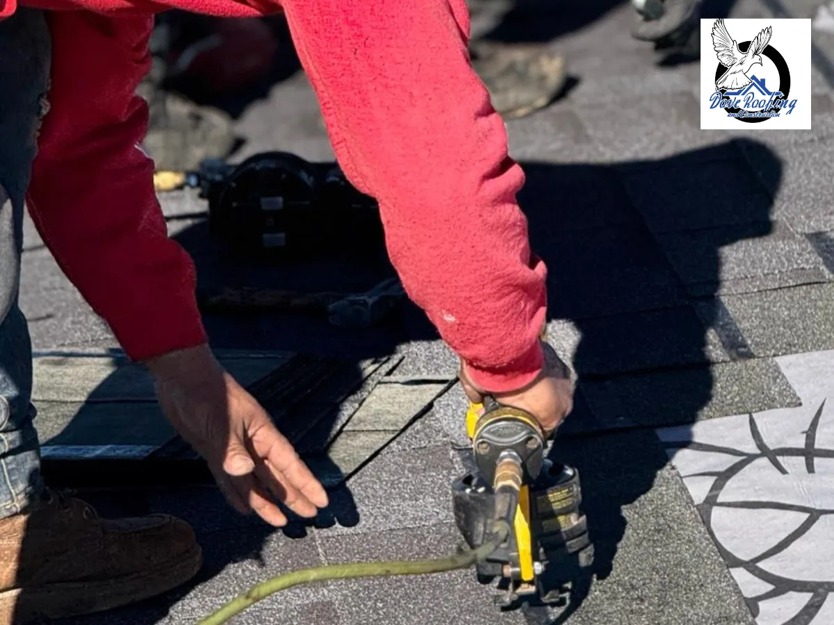 Roofer installing asphalt shingles during a roof replacement in Rancho Mirage, CA