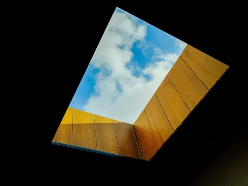 View looking up through a residential skylight installed in a Yucaipa, CA home.