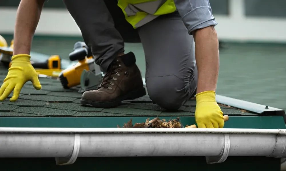 Worker power washing red clay tile roof to remove moss and debris — how to remove moss from roof