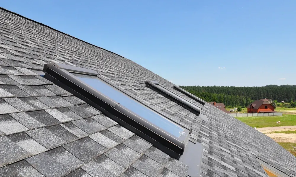 Black vented skylight on terracotta tile roof under blue sky — roofing services Palm Springs CA