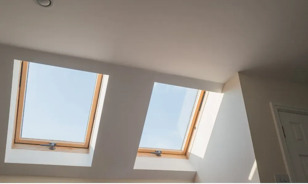 Black vented skylight on terracotta tile roof under blue sky — roofing services Palm Springs CA