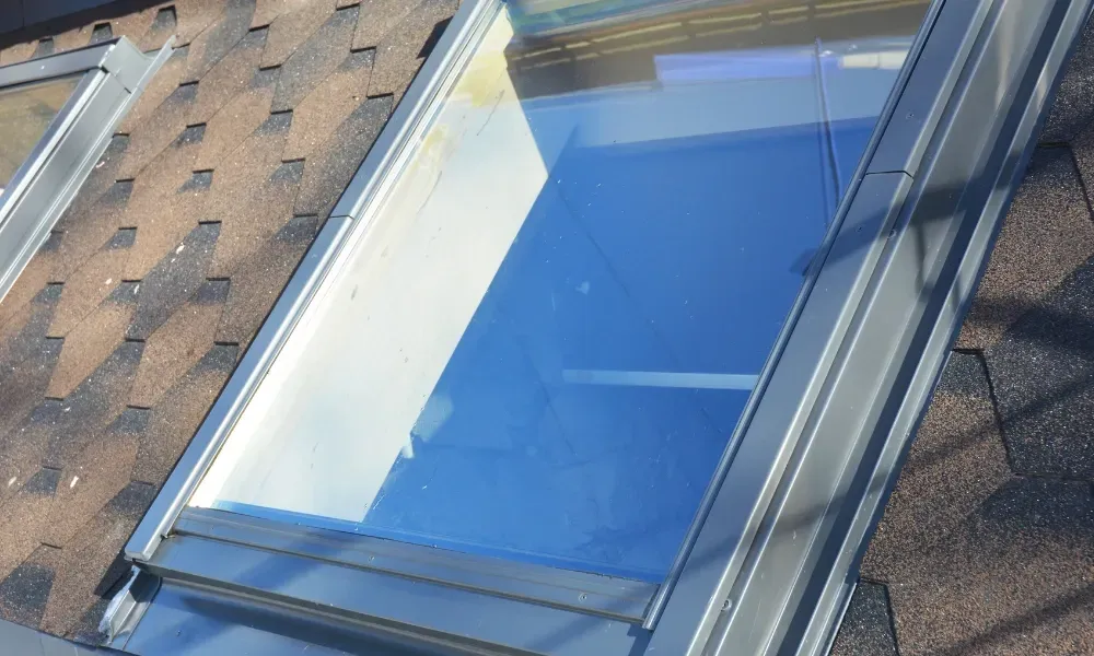 Black vented skylight on terracotta tile roof under blue sky — roofing services Palm Springs CA