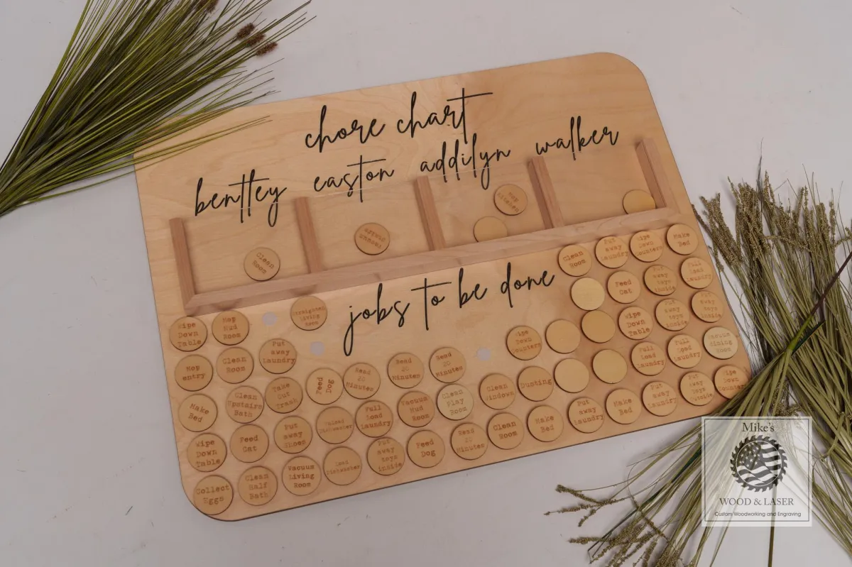 Custom made laser engraved chore chart for kids made from Pine wood