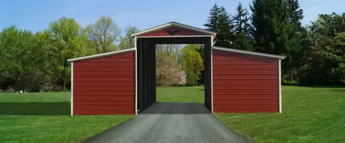 Red barn-style metal drive-through building with dual lean-tos