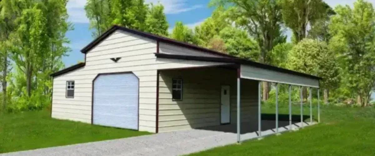LongMetal garage building with an attached carport surrounded by green trees.metal carport structure in an open field during a golden sunset