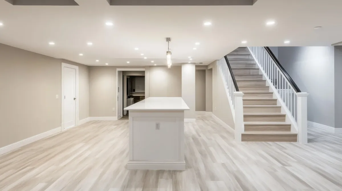 Modern finished basement renovation in Edmonton with open layout, stairs, and lighting by a professional basement renovation company Edmonton