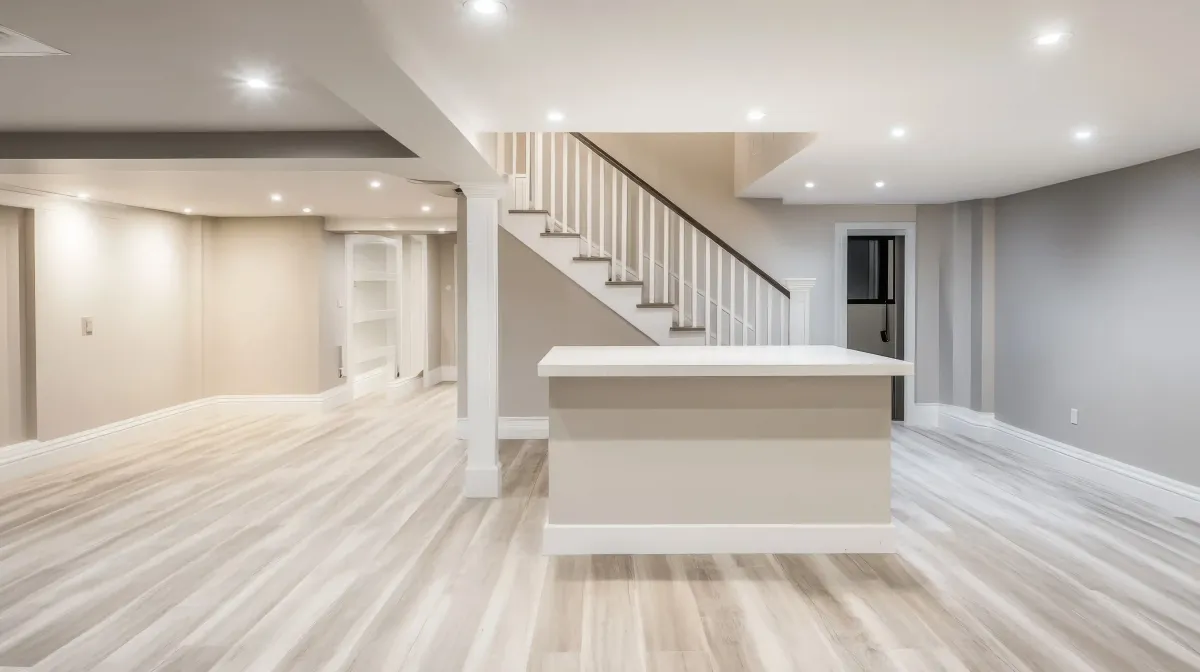 Modern basement renovation in Edmonton with open layout, staircase, recessed lighting and vinyl flooring