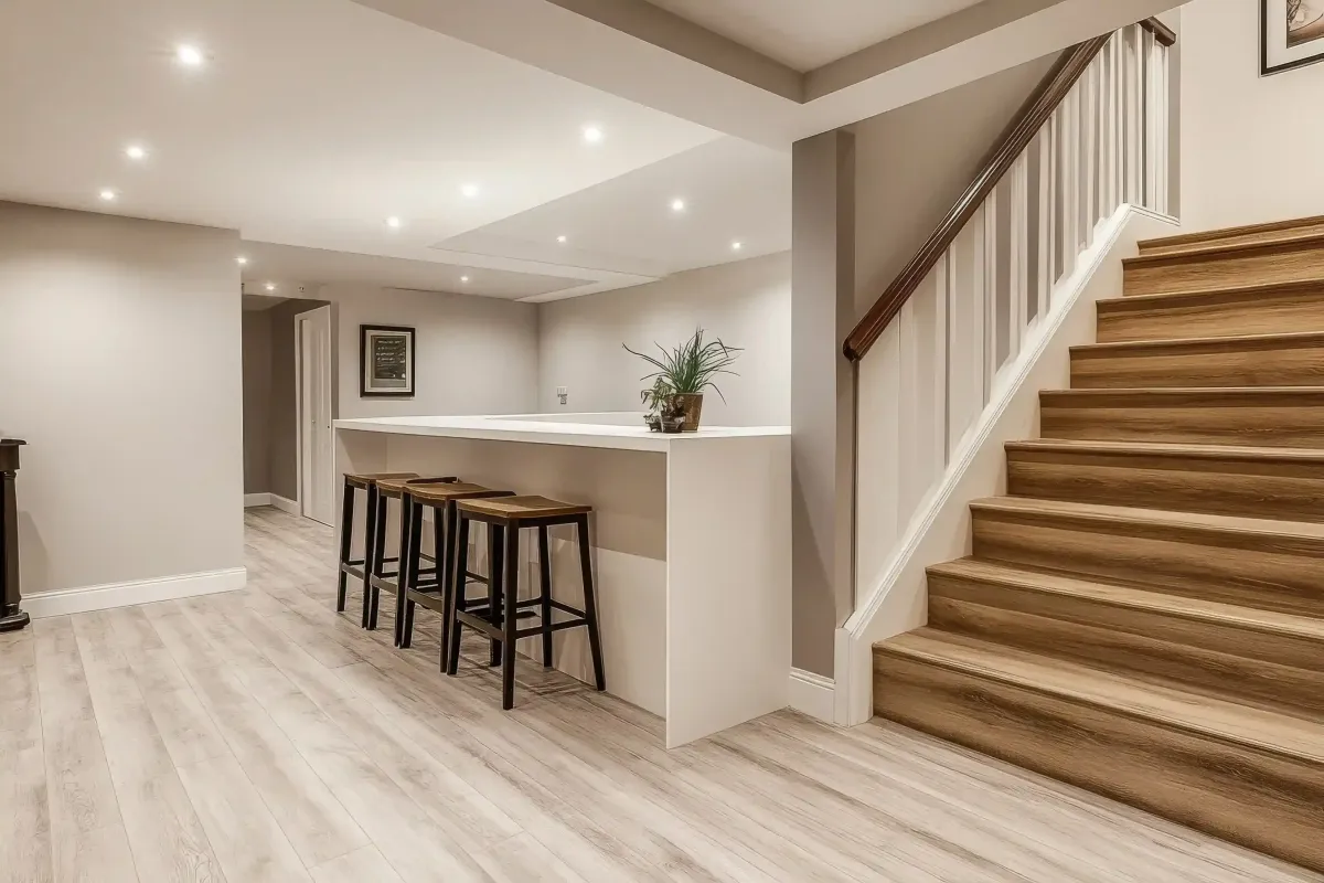 Finished basement renovation in Edmonton with bar seating area, staircase, recessed lighting and modern flooring