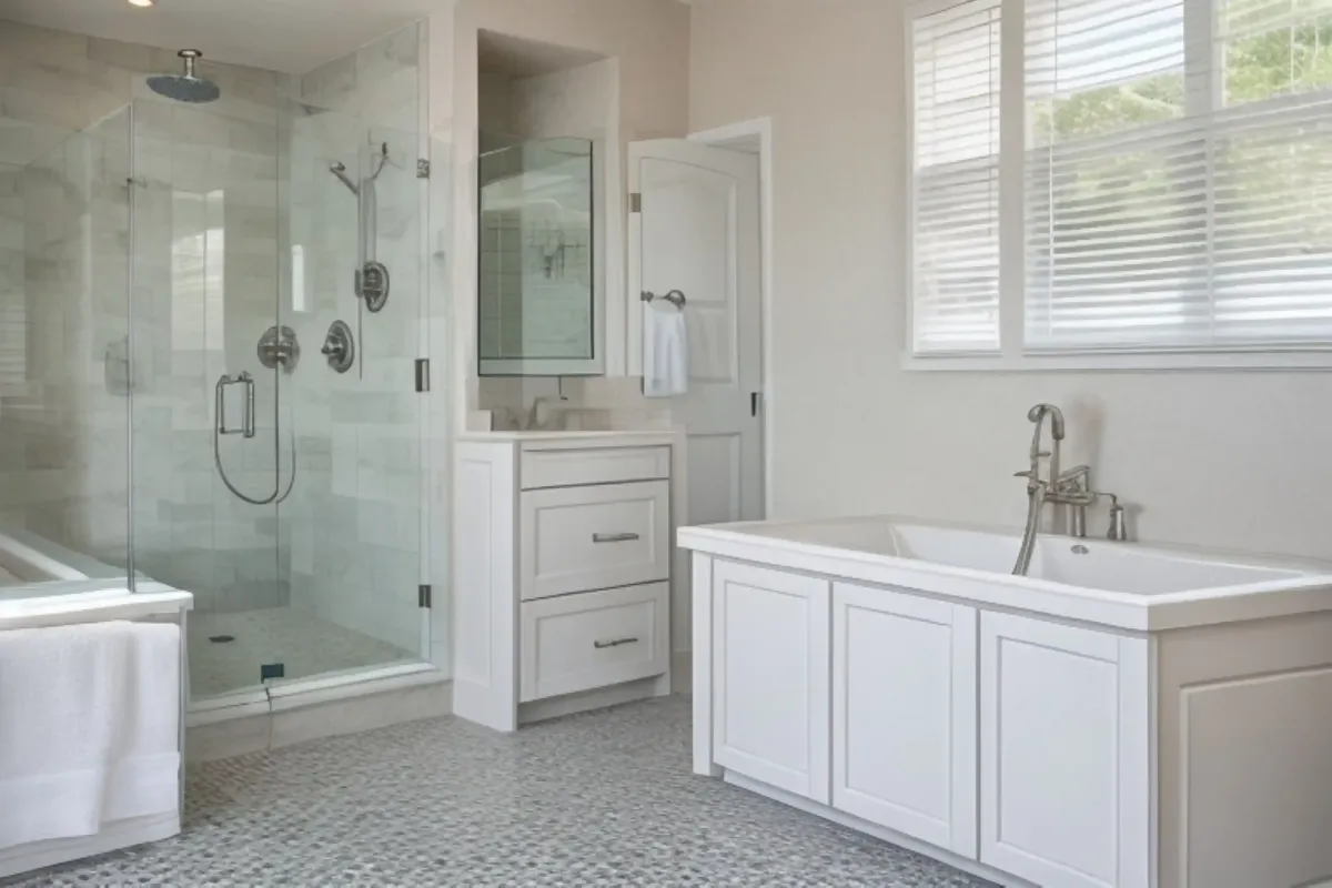 Bathroom renovation in St Albert with bathtub, glass shower and modern vanity design