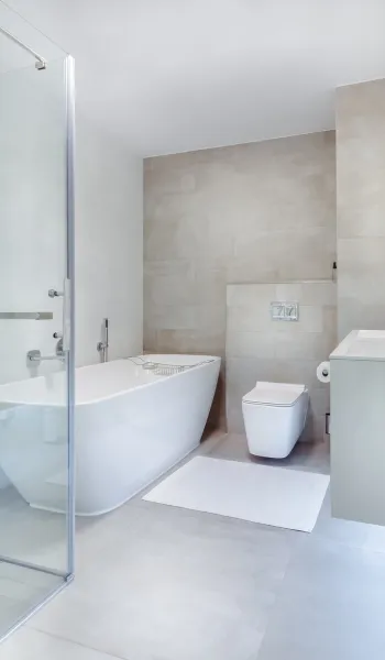 Modern freestanding tub in a custom bathroom renovation in St. Albert, AB