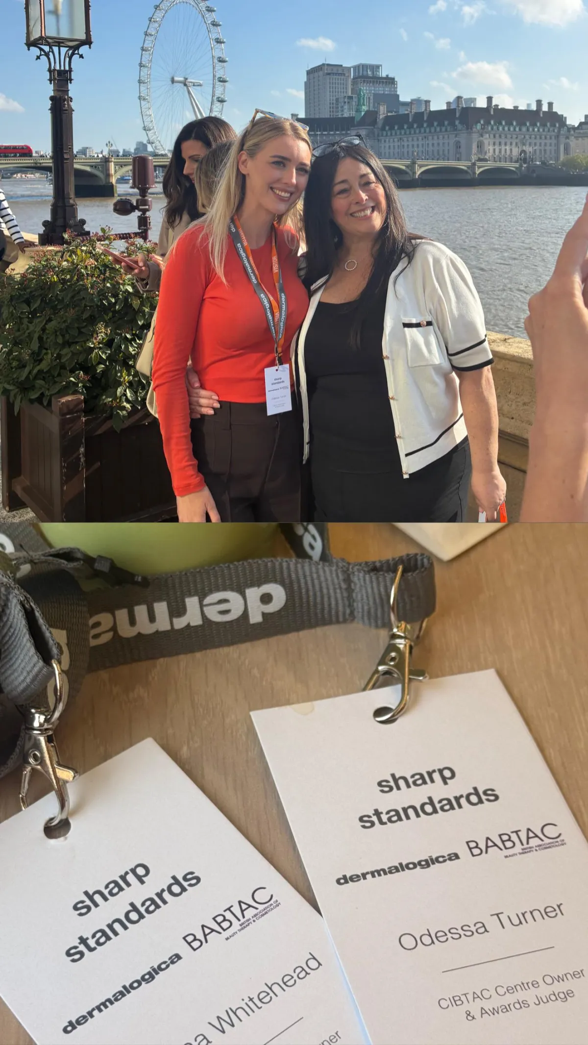At the houses of Parliament Odessa Turner and Lesley Blair MBE, underneath a picture of the beauty and theory team lanyards for sharp standards 