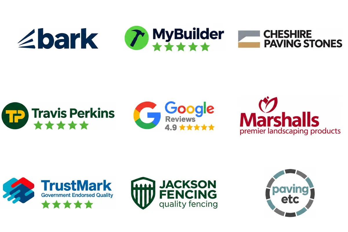 Trade partners and suppliers: Bark, MyBuilder, Cheshire Paving Stones, Travis Perkins, Google Reviews, Marshalls, TrustMark, Jackson Fencing, Paving Etc
