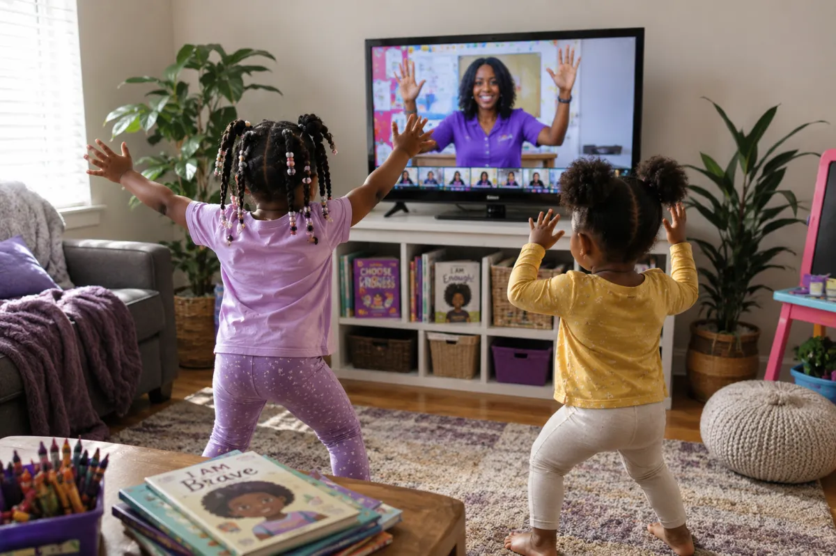 Kids moving with the teacher on a large screen TV