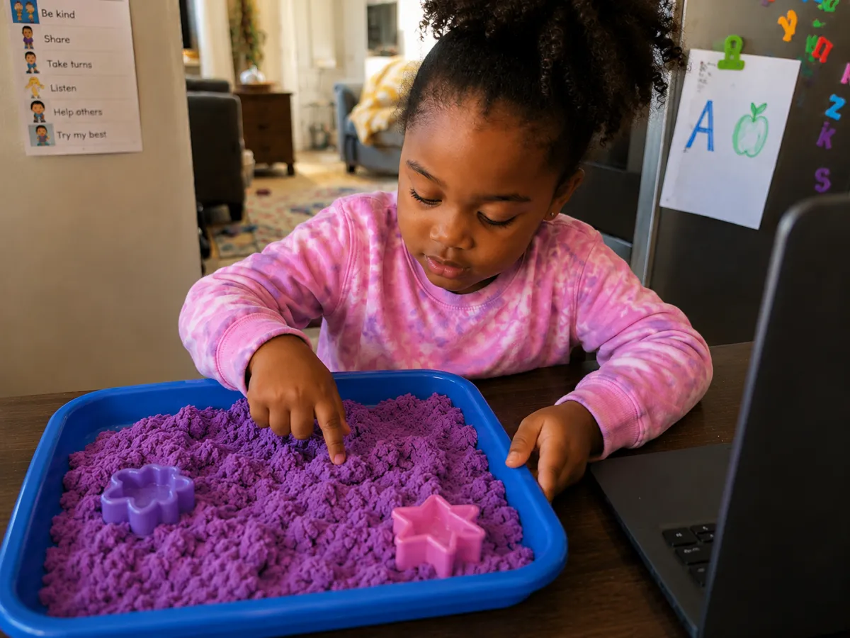 Child writes A in green sand