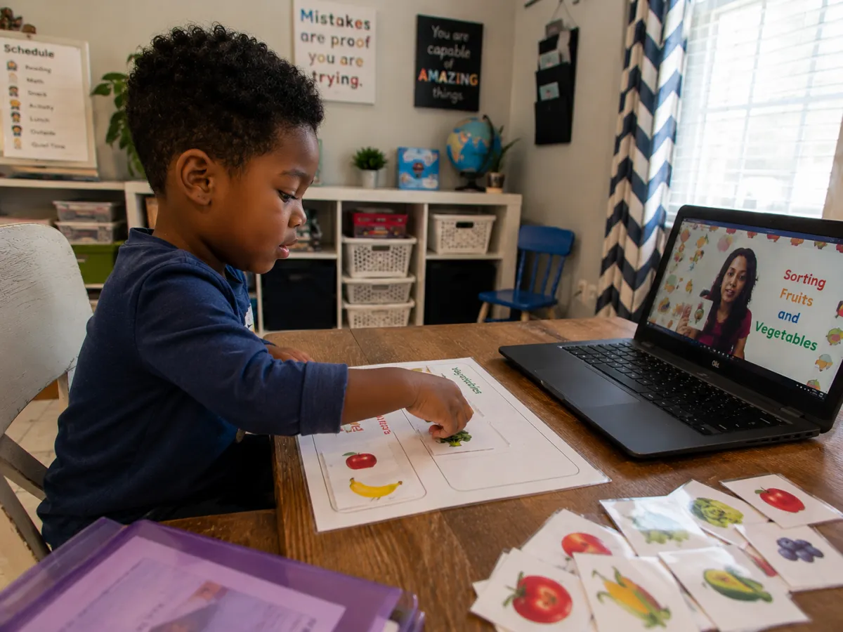 Child with headset smiles as he engages with laptop