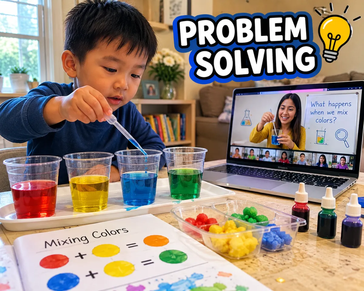 Boy picks paper out of different colored liquids