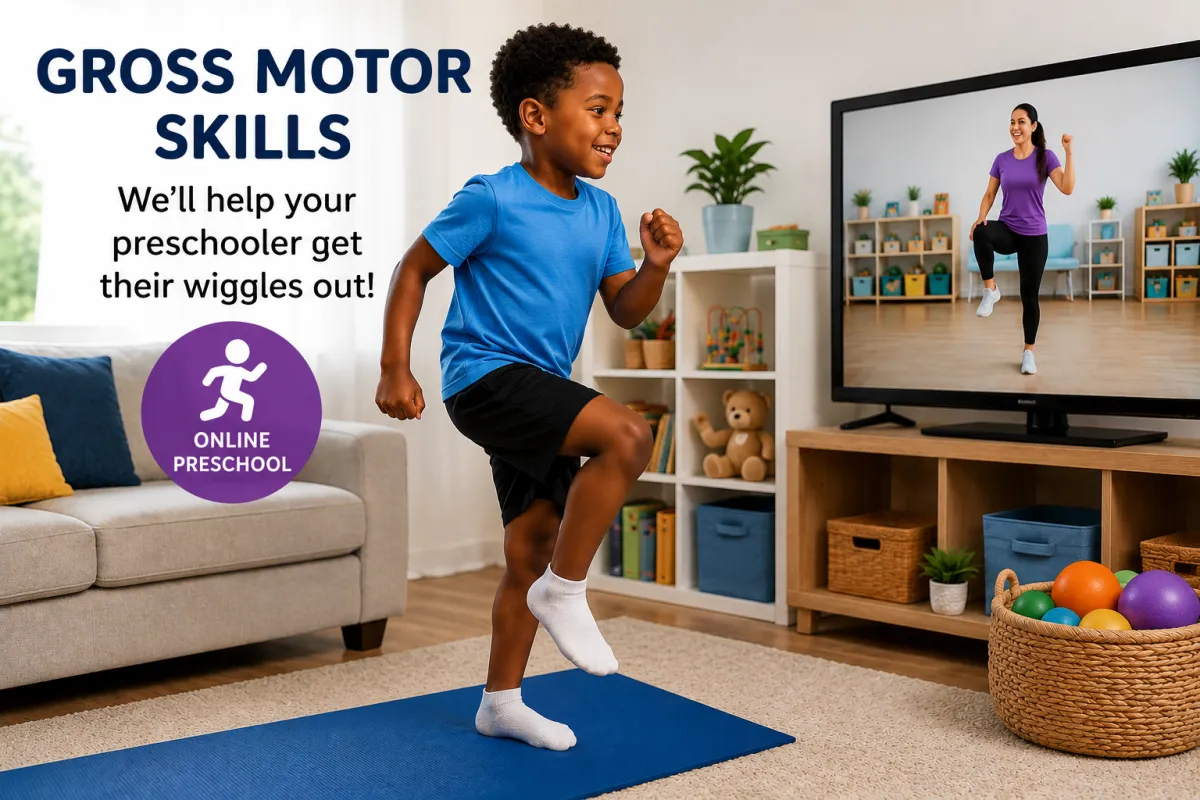 Girl stretches to the side while watching teacher on large screen TV