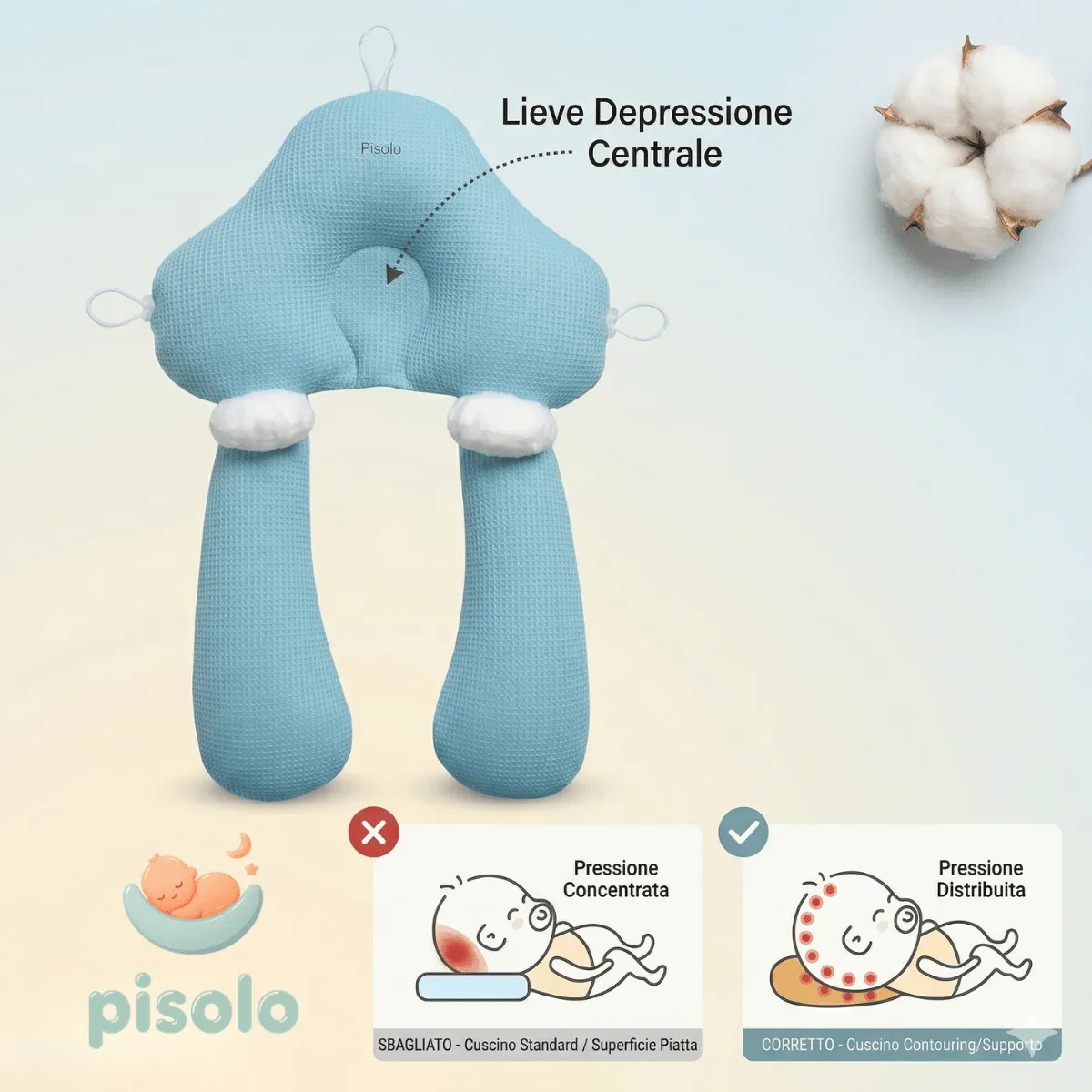 Baby resting comfortably on Pisolo pillow to prevent flat head