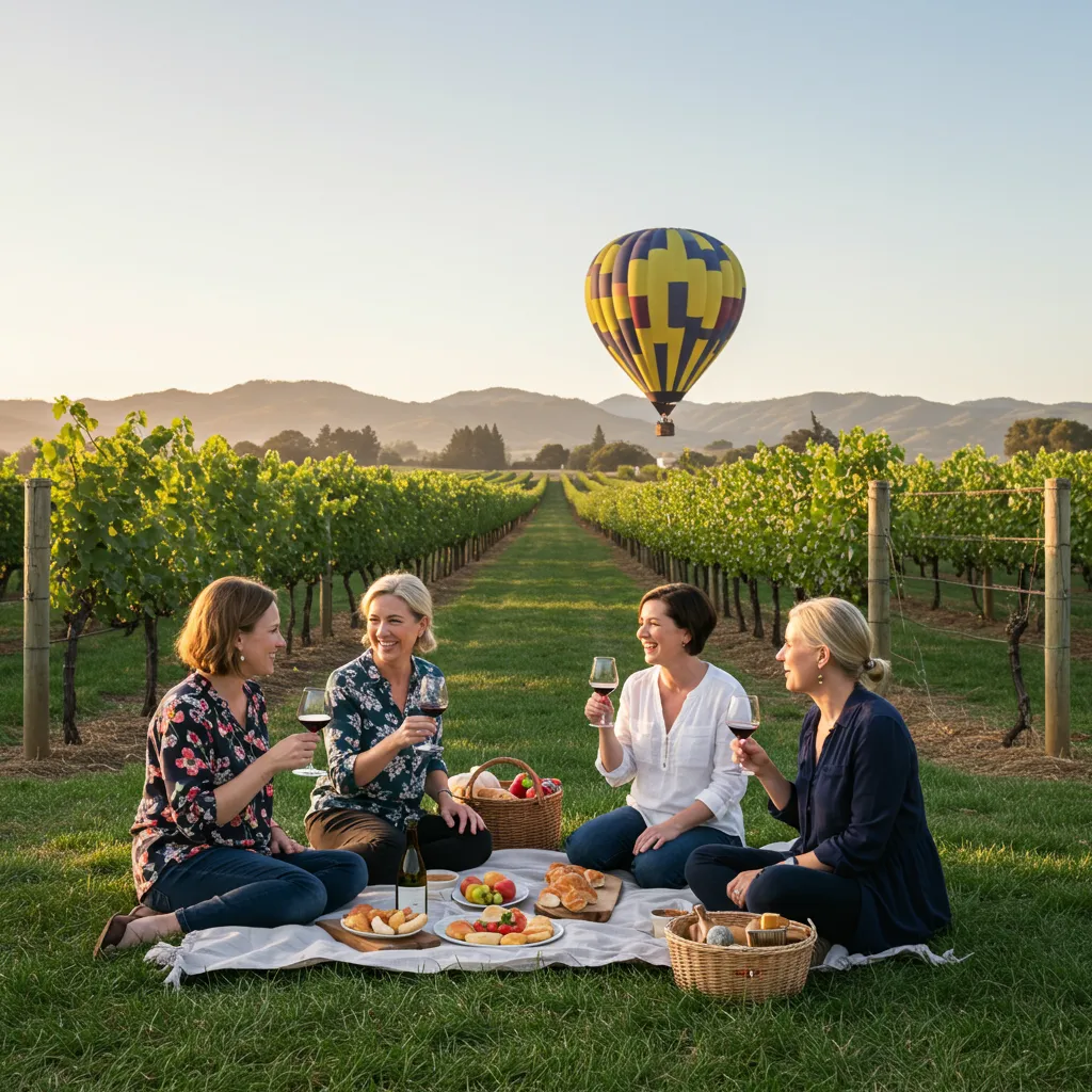 Women enjoying a wine tasting and hot air balloon ride in Napa Valley – upcoming retreat for women 40+