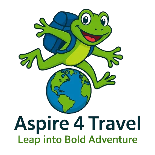Frog mascot logo for Aspire 4 Travel with tagline Leap into Bold Adventure