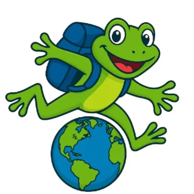 Frog mascot wearing a backpack, leaping over a globe – Aspire 4 Travel logo