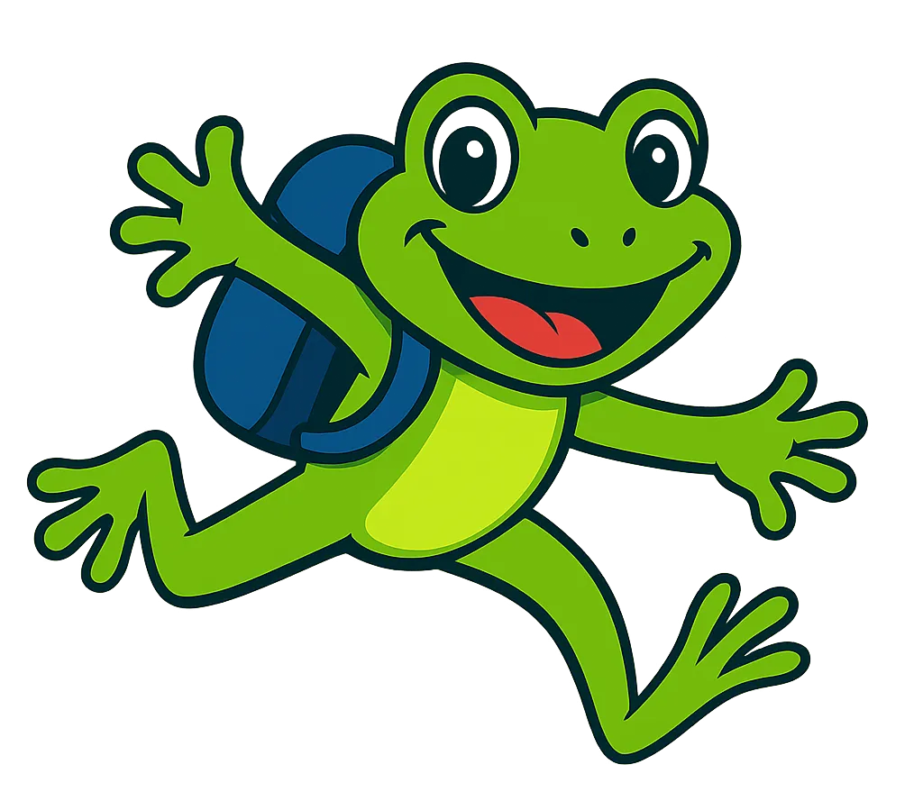 Leap the frog mascot for Aspire 4 Travel, smiling with backpack ready for adventure