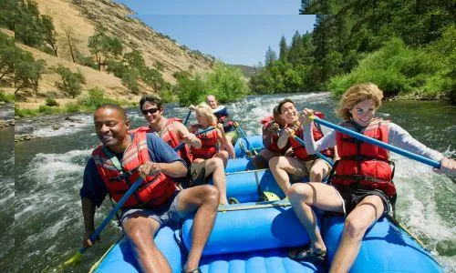 Adults 45+ enjoying a fun, light-adventure rafting excursion together on a river