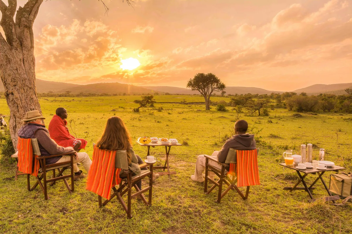 Small group of adults enjoying a hosted sunset experience on safari — example of a custom group trip with Aspire 4 Travel