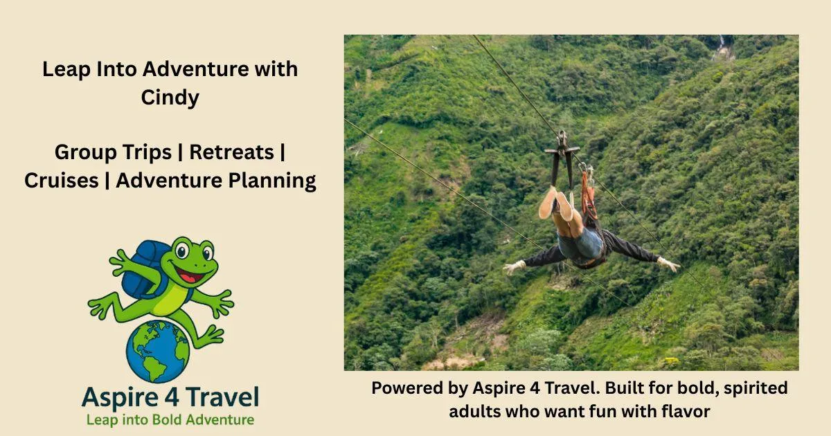 Woman ziplining over lush green mountains, symbolizing bold adventure travel with Aspire 4 Travel