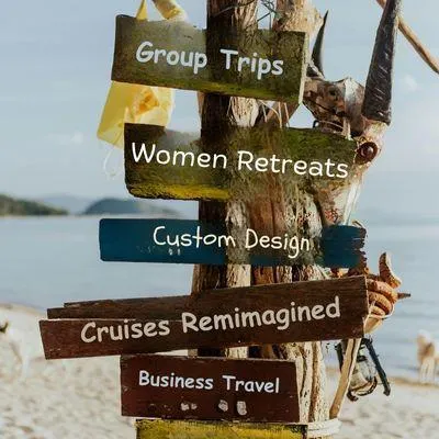 Directional sign for all services Aspire 4 Travel offers, group, custom, retreats, bucket list, cruises, business 
