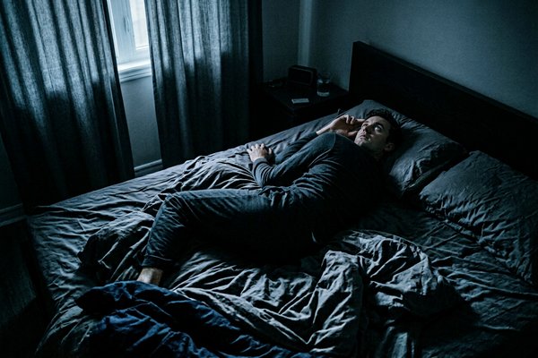 Overthinking at night, person lying awake in a darkened bedroom staring at the ceiling