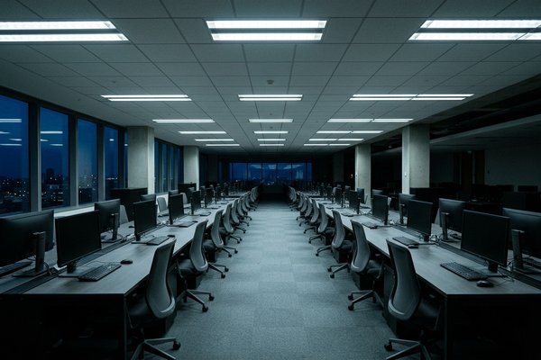 Overthinking at work, empty open plan office at night with rows of desks and city lights