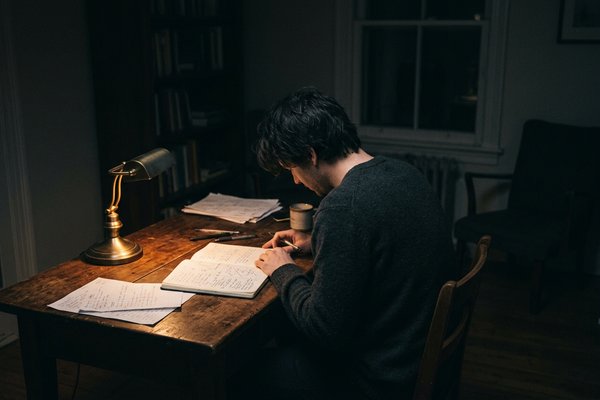 How to stop overthinking everything, person writing at a lamp-lit desk late at night