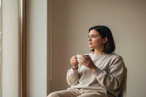 Overthinking vs reflection difference: woman with coffee cup by window in quiet contemplation, considering a thought carefully