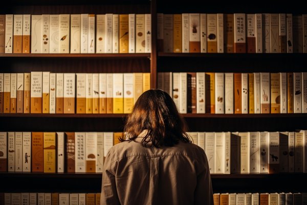 Why self-help books do not fix overthinking: person before a floor-to-ceiling bookshelf, expression quietly searching after trying many approaches