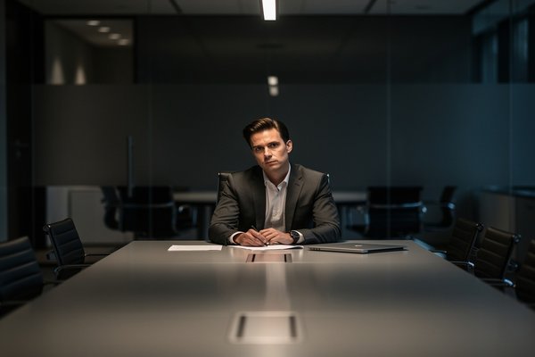 High-functioning professionals and overthinking: professional alone in a quiet office after hours, caught in thought despite composed surroundings