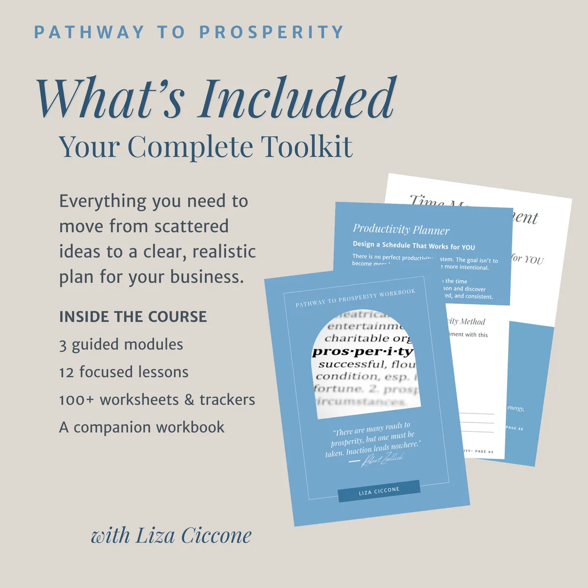 Pathway to Prosperity What's Included: 3 guided modules, 12 focused lessons, 100+ worksheets and trackers, and a companion workbook