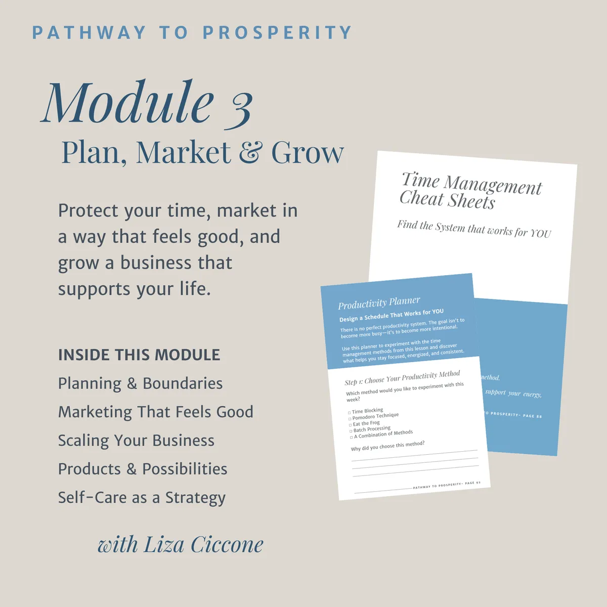 Pathway to Prosperity Module 3: Plan, Market & Grow – workbook pages including the Productivity Planner