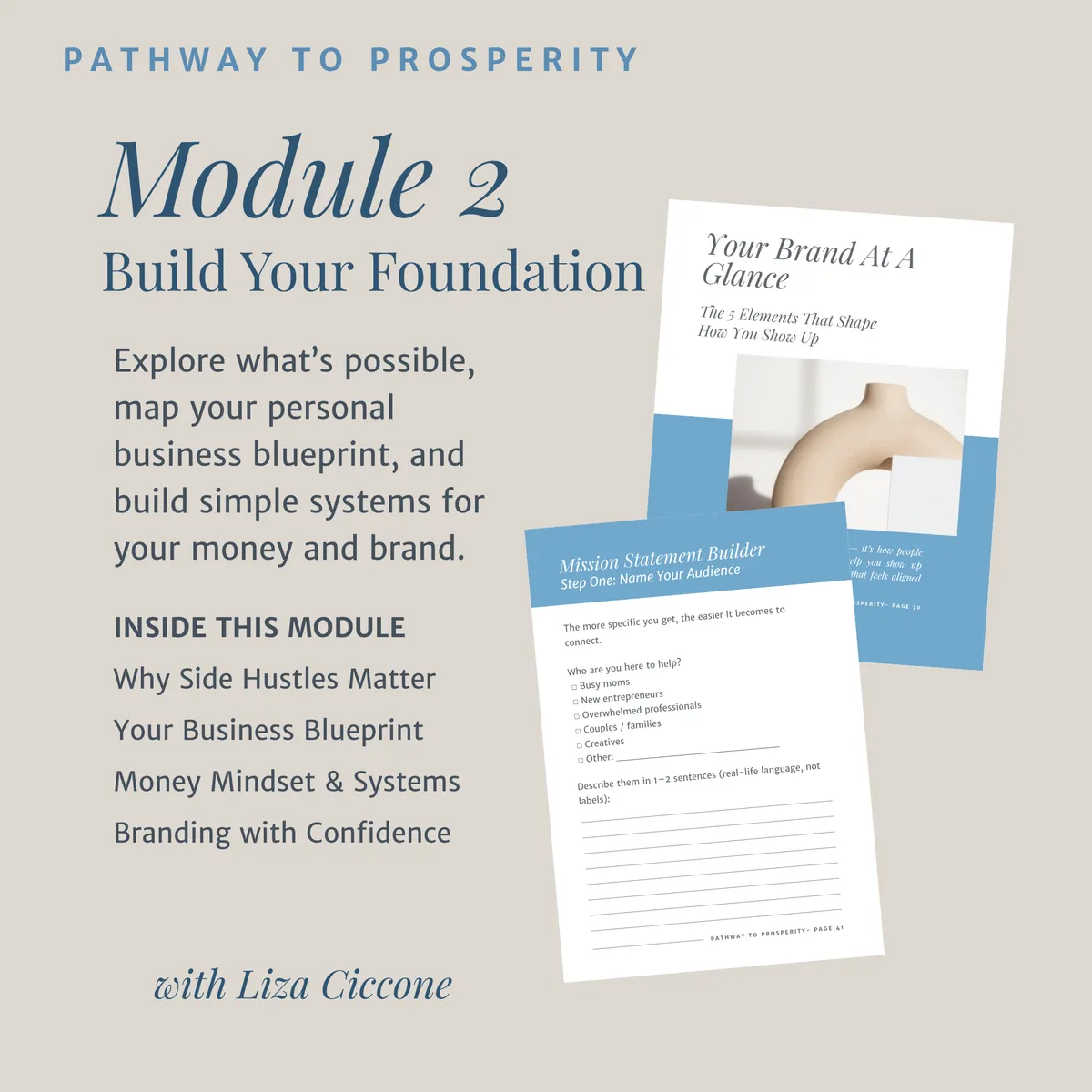 Pathway to Prosperity Module 2: Build Your Foundation – workbook pages including the Mission Statement Builder