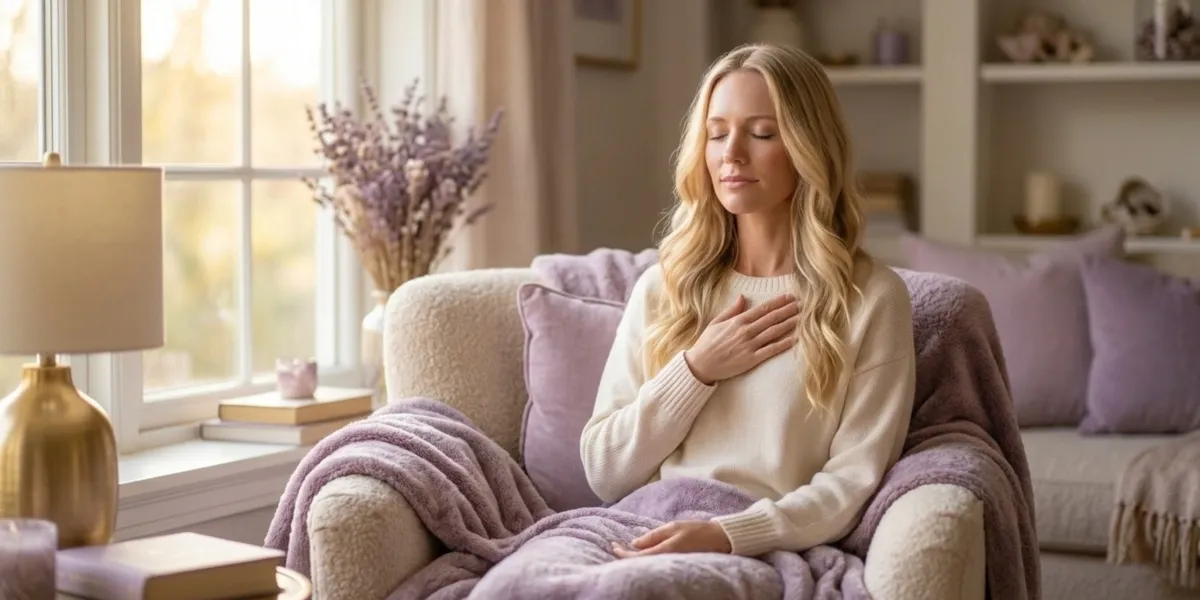 image of a woman sitting on her couch with her hand on her heart center