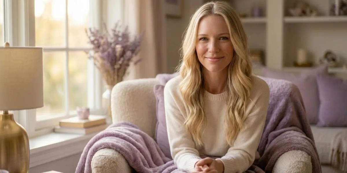 image of a woman sitting in her chair smiling after a meditation