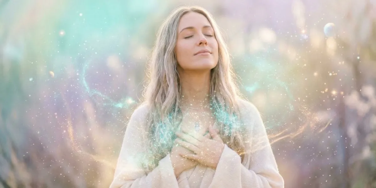 image of a serene woman, eyes closed, with hands on her heart center